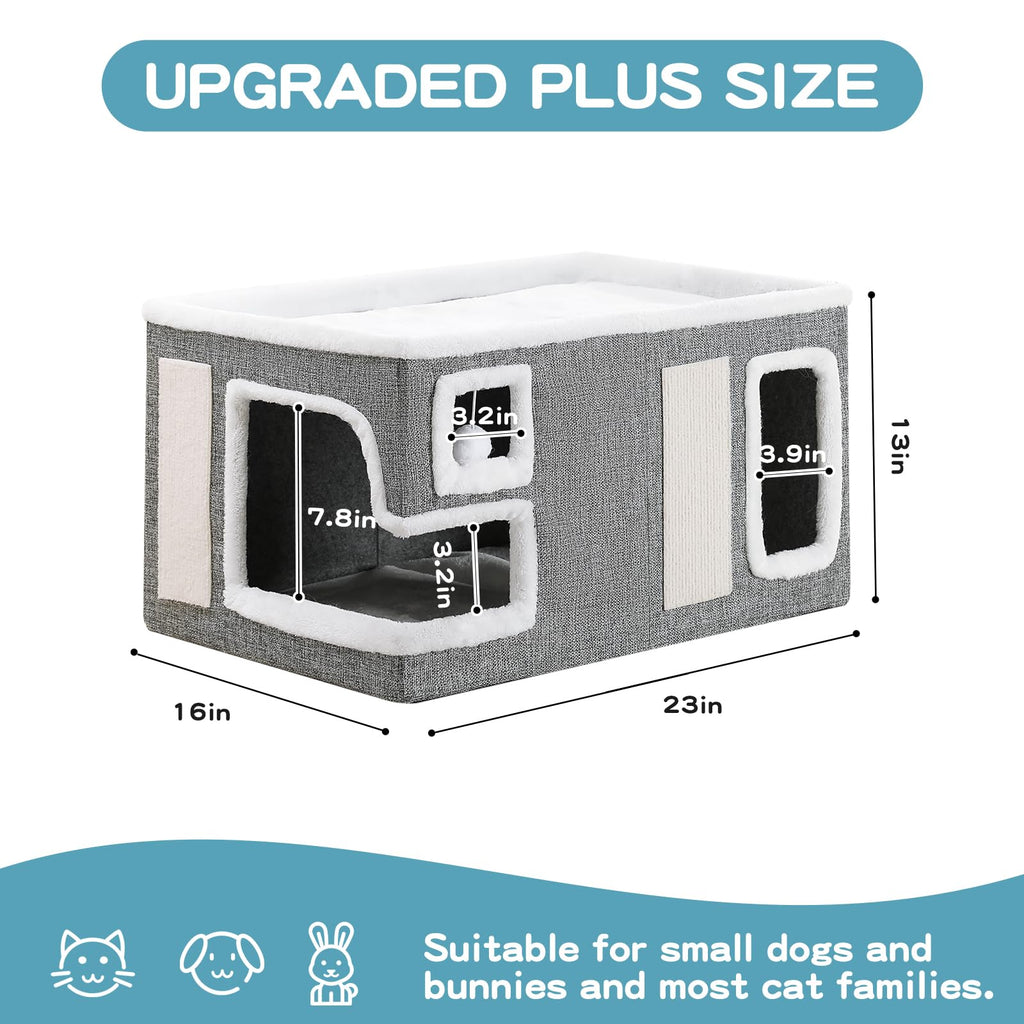 Crispedia Large Cat Houses for Indoor Cats, Extra Wide Cat Cave Bed with Scratch Pad and Fluffy Ball, Foldable Cat Hideaway Condo for Large Cats, Modern Kitten Bed,23x16x13 inches (Grey, X-Large)