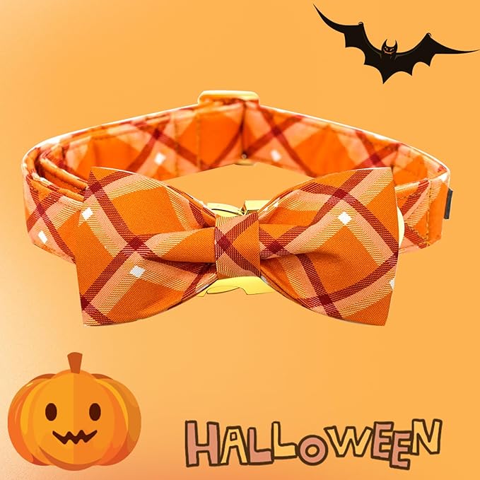 Bobo Rainbow Fall Dog Collar, Pet Collar Bow Orange Plaid Collars Girl Boy Holiday Pet Collars Gift Bow Dog Collar Cute Soft Puppy Collars for Large Dogs