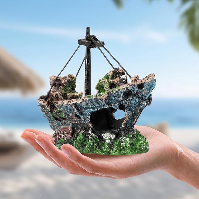 Xereooe 8Pcs Fish Tank Decorations Set Sunken Ship Decoration,Resin Material Fish Tank Accessories Accessories for Natural Look, Aquarium Shipwreck x 1pc, Aquatic Plants x 7pcs