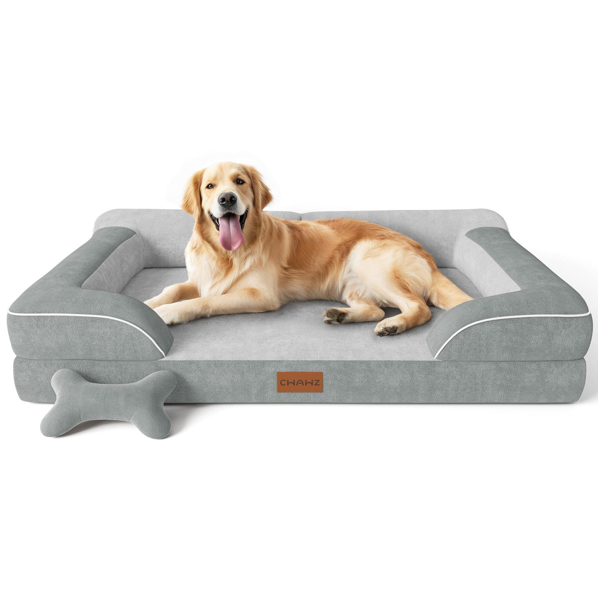 CWAWZ Extra Large Dog Bed, Orthopedic Dog Beds with Cooling Gel Memory Foam, Waterproof XL Pet Bed with Removable Washable Cover, 42" Pet Sofa Couch Dutch Velvet with Bone Toy, Brown