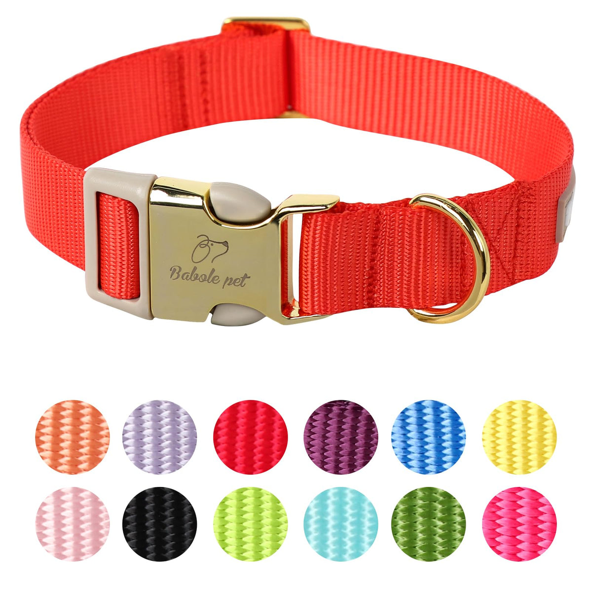 Babole Pet Nylon Dog Collar - Adjustable Rose Red Soft Webbing Dog Collars for Small Medium Large Dogs Boy Girl Puppy Collar with Safety Metal Buckle L