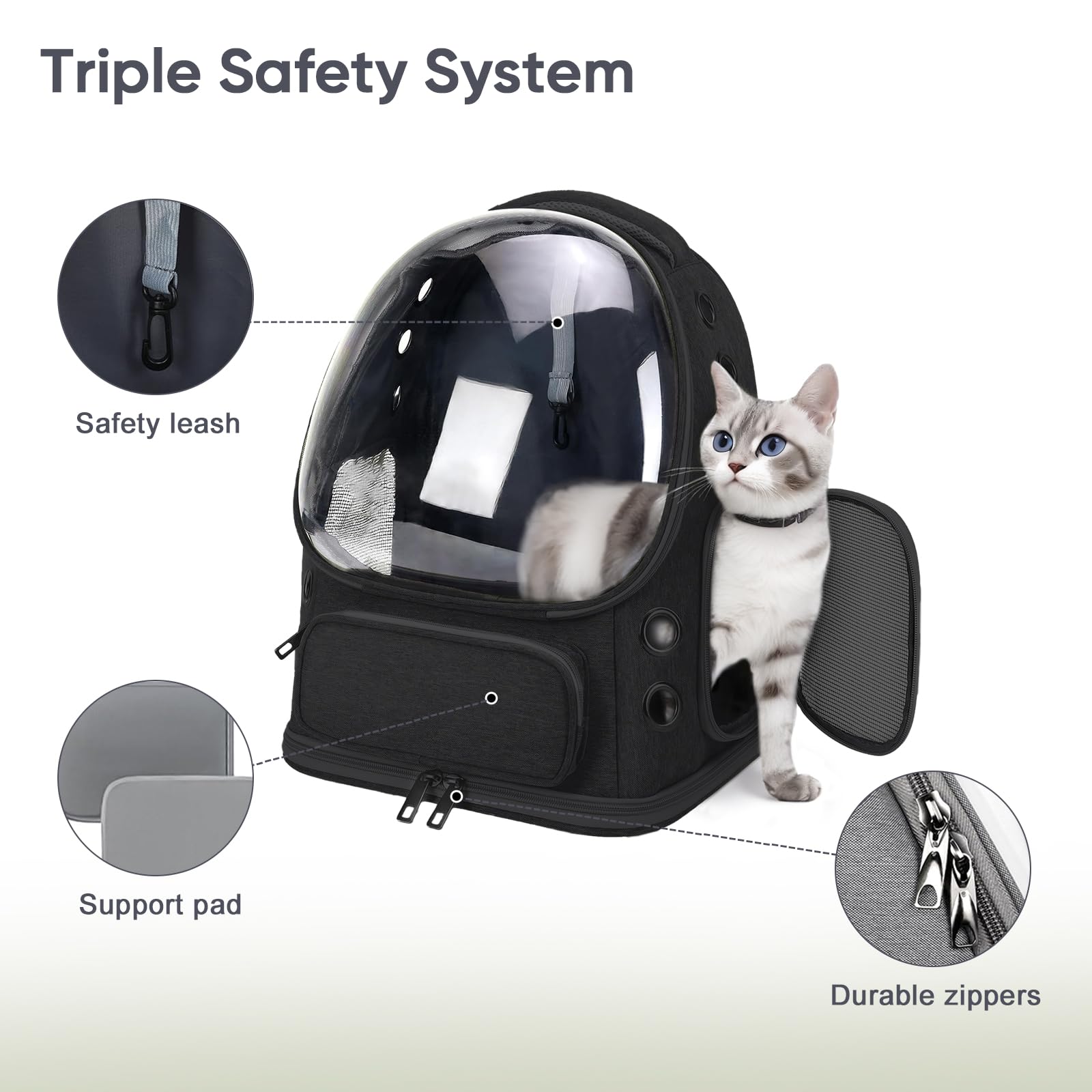 Breathable Cat Backpack Carrier, Large Space Cat Bubble Backpack for Kitty & Small Dog up to 18lbs, Foldable Cat Carrier Backpack, Transparent Airline Approved Carrier for Travel (Black)