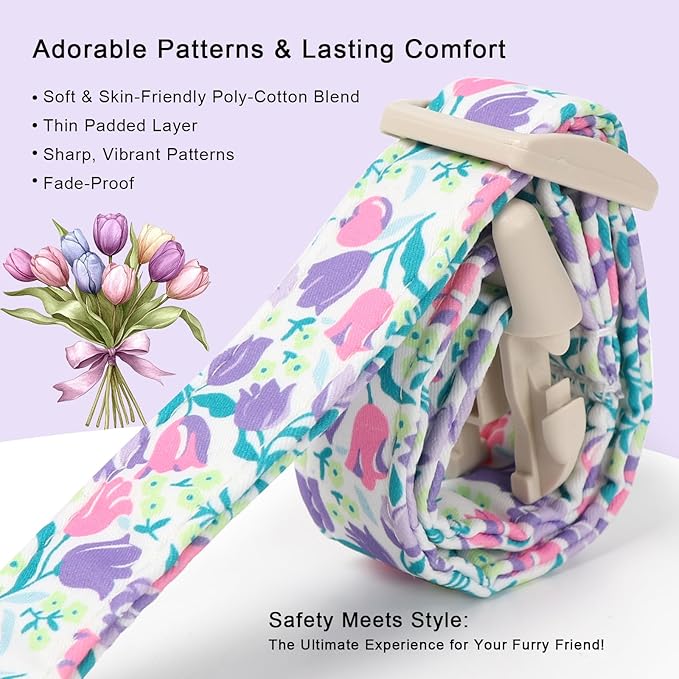 Babole Pet Floral Dog Collar for Large Dogs - Pink Purple Tulips Print Dog Collars, Spring Summer Cute Flower Puppy Collar, Lightweight Adjustable April Holiday Boy Girl Dogs Collars XL