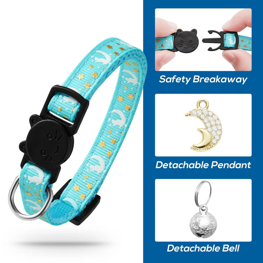 LAFAYI 4 PCS Breakaway Cat Collars with Bell Moons Stars,Kitten Collar and Adjustable with Pendant Glow,Cute Kitty Collar for Girl Boy Cats,Pet Gifts,Accessories(4 Colors)