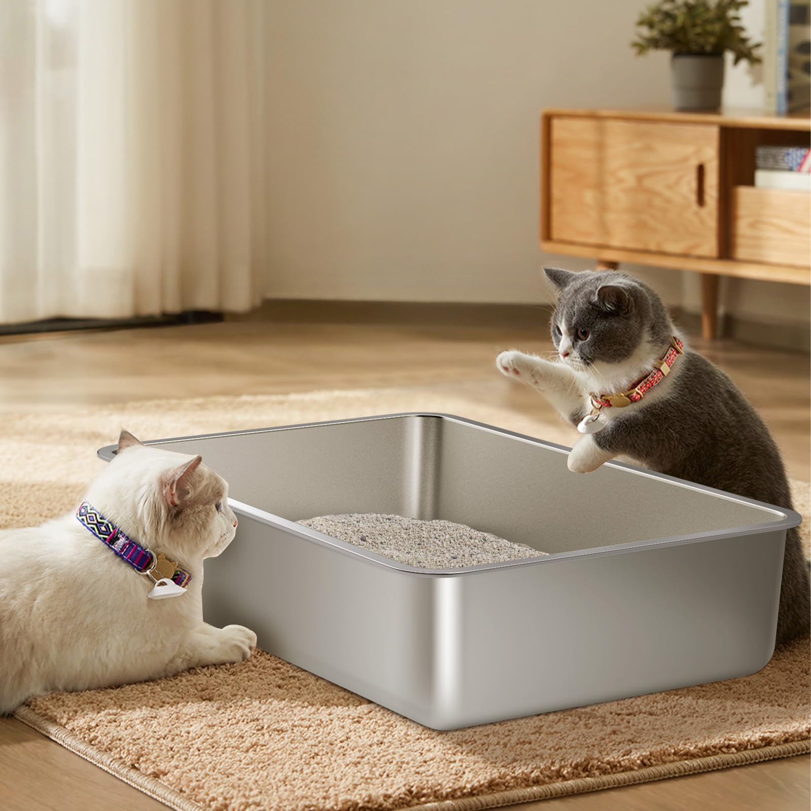 FUTAM Stainless Steel Litter Box 2 Pack, XLarge Metal Litter Box
