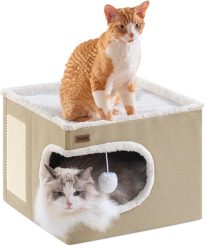 Garnpet Cat Bed for Indoor Cats Cube House, Covered Cat Cave Beds & Furniture with Scratch Pad and Hideaway Tent, Cute Modern Cat Condo for Multi Small Pet Large Kitten Kitty, Khaki