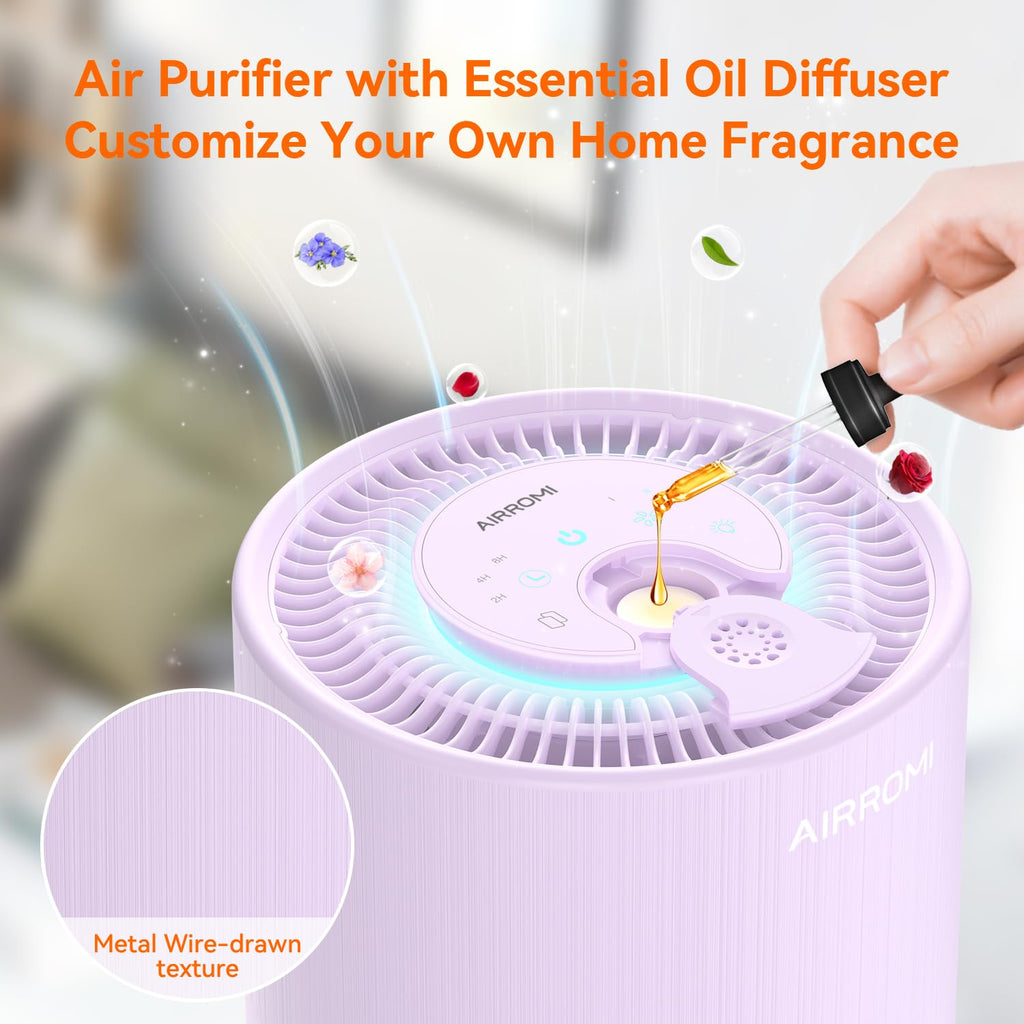 AIRROMI Air Purifier for Bedroom with HEPA 3-in-1 Filter, Pet Air Purifier for Home Cat Pee Smell, Covers Upto 990 Ft², Quiet 360°intake Air Cleaner for Pet Hair,Allergies,Pollen,Smoke A2001 Purple