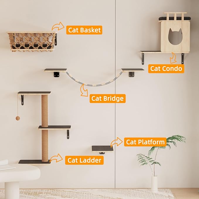 HHOFURN 5-in-1 Cat Wall Shelves Set with Hammock, Wall-Mounted Cat Furniture Includes Condo, Bridge, Ladder & Steps for Indoor Cats, Safe & Stable (Gray)