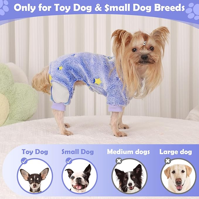 Fleece Dog Pajamas Small, Fall Winter Pjs, Cute Extra Small Puppy Clothes, 4 Legs Dog Sweater Jumpsuit, Soft Stretchy Doggie Onesies Pet Apparel Outfits for Chihuahua Yorkie Blue, Small