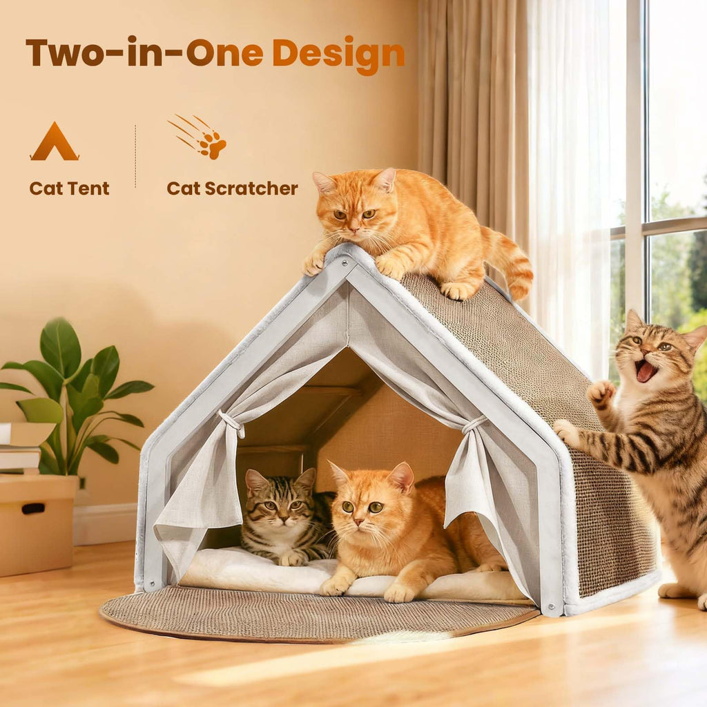 Cat Houses for Indoor Cats - 4 Seasons Cat Bed Cave with Natural Sisal Cat Scratcher Mat, Solid Wood Frame Cat House with Curtains and Cat Floor Scratching Pad Rug, Protect Couch and Carpets, M