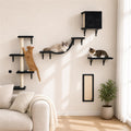 Modern Wall-Mounted Cat Furniture - 5pcs Cat Wall Shelves, Wooden Climber Includes House, Bridge, Tree, Steps, and Scratcher (Black)
