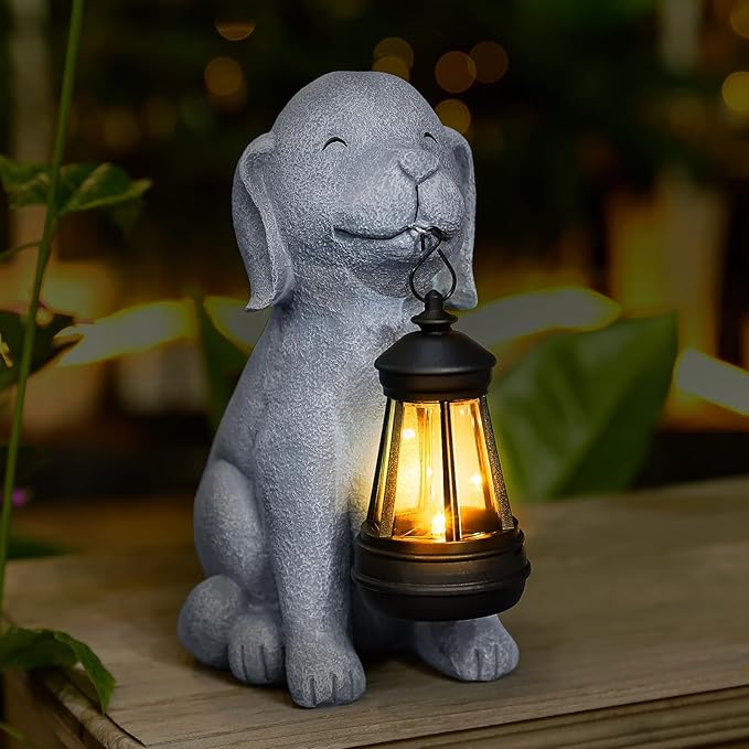 HSLILIMING Solar Dog Garden Statue with Lantern, Outdoor Waterproof Dog Figurine Decor for Patio Yard Lawn, Birthday Garden Gifts for Women Mom Grandma, Housewarming Gift New Home