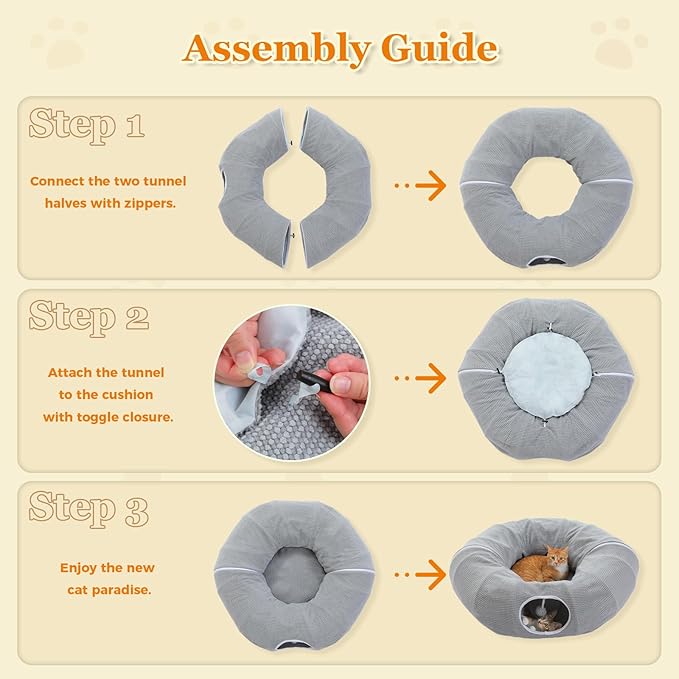 PEQULTI Grey Donut Cat Tunnel Bed Washable Plush Mat Multi for Small Pets
