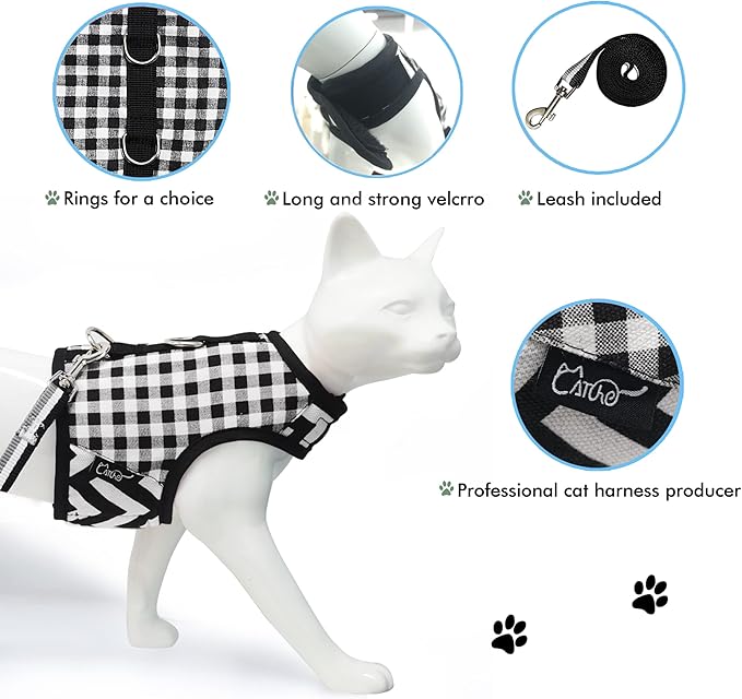 Cat Harness and Leash for Walking Escape Proof, Adjustable Cat Vest Harness, Padded Stylish Cat Walking Jackets, Black Plaid, Medium