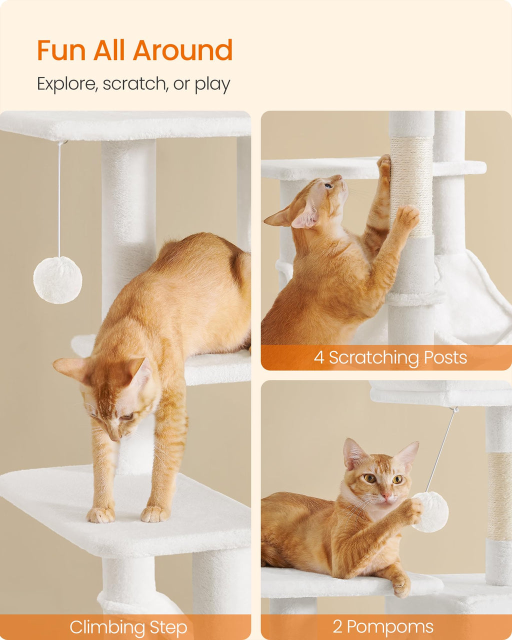 Feandrea Cat Tree, 54.2-Inch Cat Tower, Plush Multi-Level Condo with 4 Scratching Posts, 2 Perches, Hammock, Cave, Cream White UPCT161T01