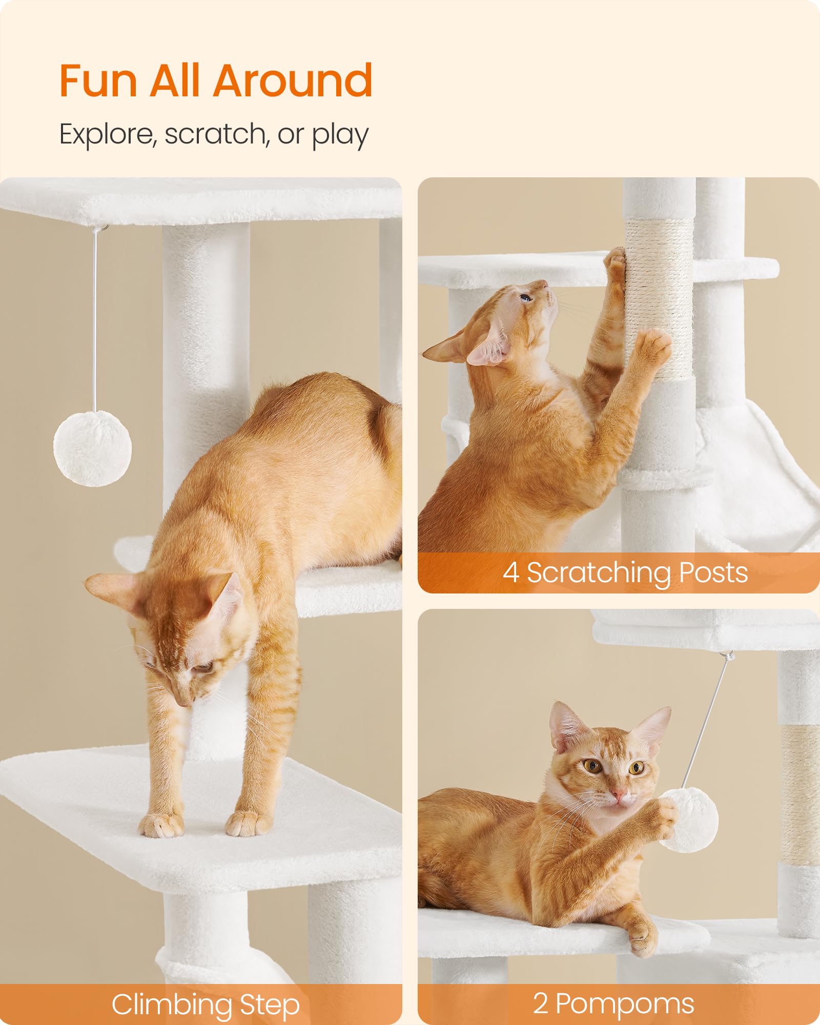 Feandrea Cat Tree, 54.2-Inch Cat Tower, Plush Multi-Level Condo with 4 Scratching Posts, 2 Perches, Hammock, Cave, Cream White UPCT161T01