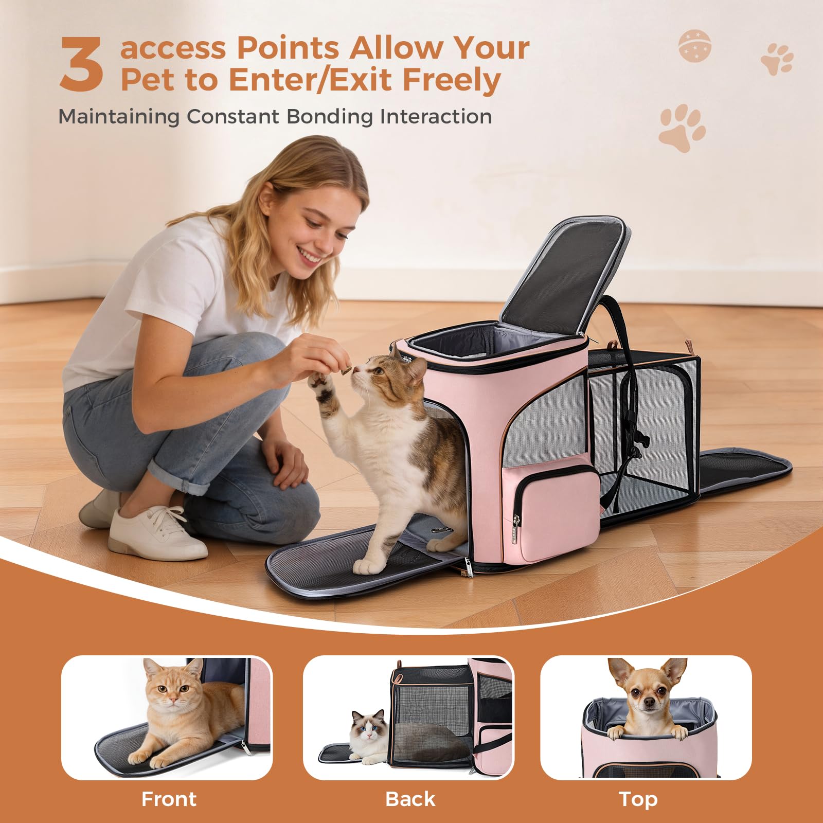 Lekereise Large Cat Backpack Carrier Expandable Pet Carrier Backpack for Small Dogs Medium Cats Fit Up to 18 Lbs, Foldable Puppy Backpack Carrier for Travel, Hiking, Pink