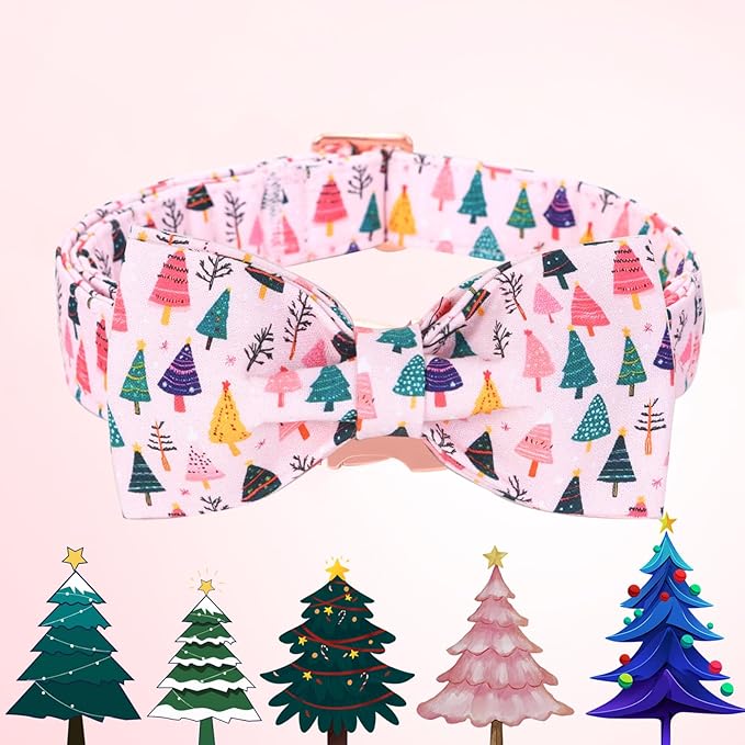 Bobo Rainbow Christmas Dog Collar, Pink Christmas Tree Soft Comfortable Collars with Bow Adjustable Pet Collar with Premium Metal Buckle Puppy Necklace for X-Small Girl Dogs