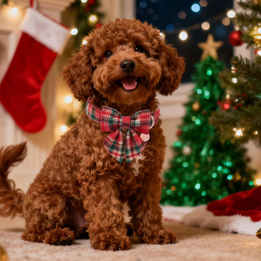 UP URARA PUP Christmas Plaid Dog Collar with Bow Tie– Adjustable Red & Green Checkered Dog Collar for Small Medium Large Dogs, Soft Xmas Plaid Puppy Collars with Quick Release Buckle XL