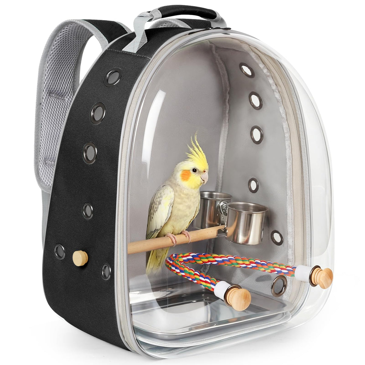 Bird Traval Carrier Cage, Clear Space Capsule Astronaut Backpack to Carry Parakeet Cockatiel Parrot with Metal Tray Wood Perch Bird Feeder, Vet Transport School Bag
