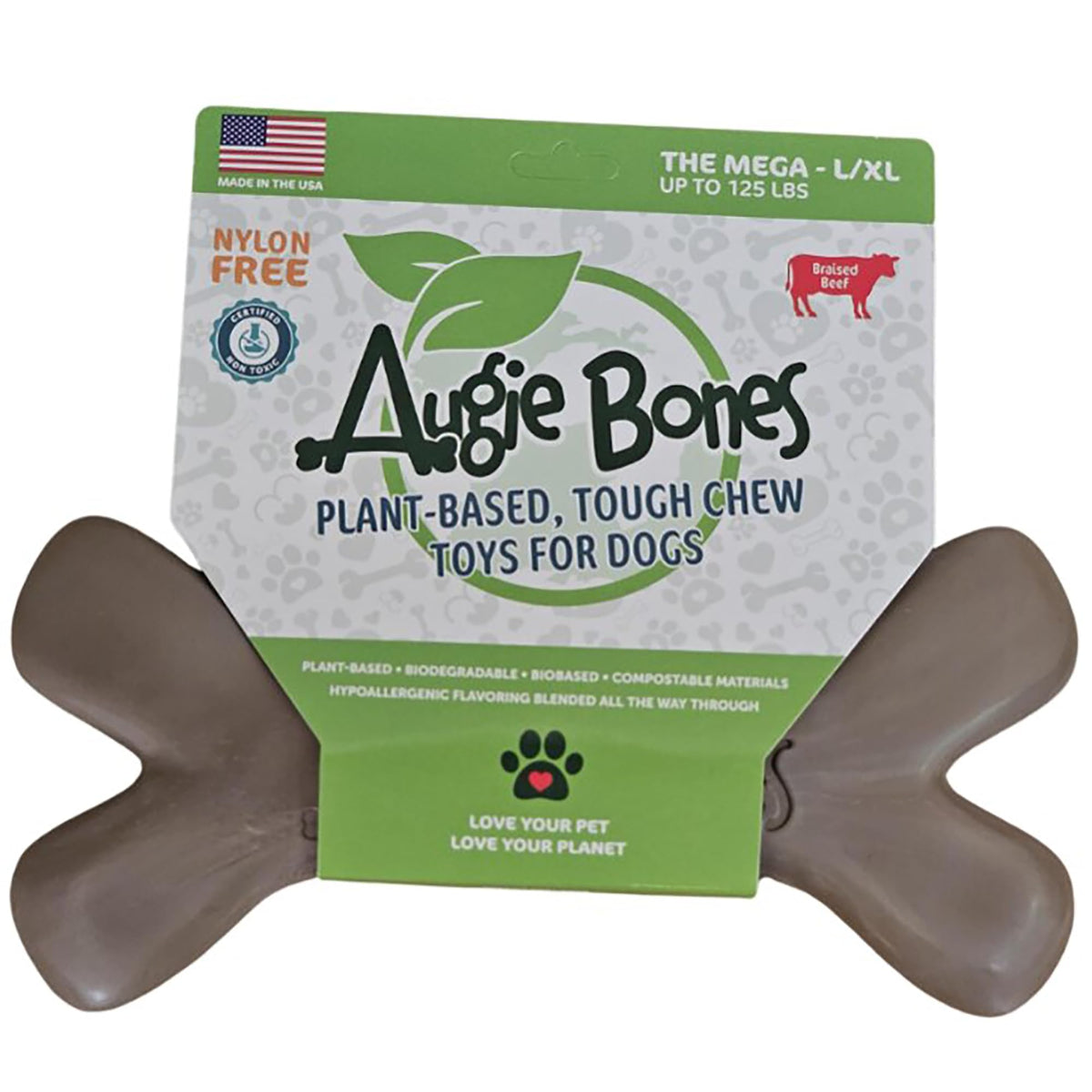 Augie Bones Non-Toxic Dog Toys - Sustainable Beef Flavored Dog Chew Toys for Aggressive Chewers - Plant-Based Bioplastic Pet Toys - Made in The USA (Mega)