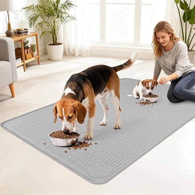 Lanstics Dog Food Mat 40" x 28" Large Silicone Mat with Raised Edge Gray
