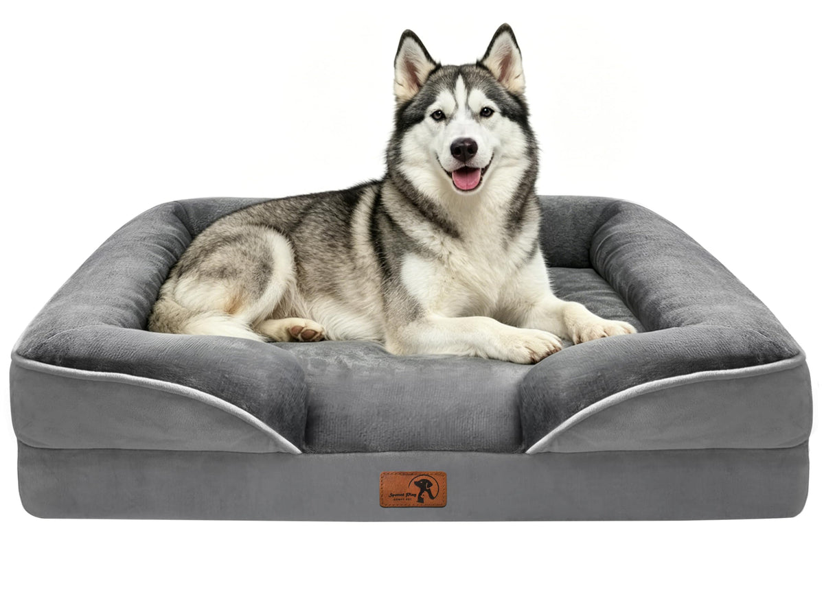 Spotted Play Orthopedic Dog Bed with Sides - Dog Sofa Beds for Extra Large Dogs, Supportive Foam Pet Couch Bed with Washable Removable Cover, Waterproof Lining and Non-Slip Bottom, Grey - XL