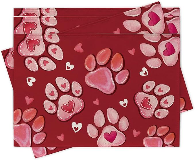 Croar Valentines Day Dog Cat Paw Prints Placemats Set of 4