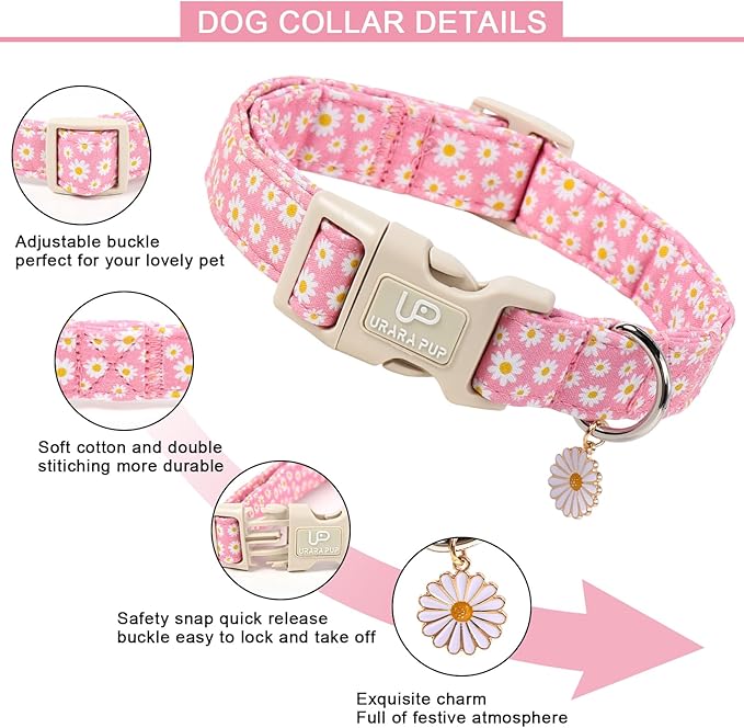 UP URARA PUP Daisy Dog Collar, Summer Cotton Dog Collar with Quick Release, Gift Pink Collars for Small Medium Large Girls or Boys Dogs Cute Durable Comfortable Pet Collars