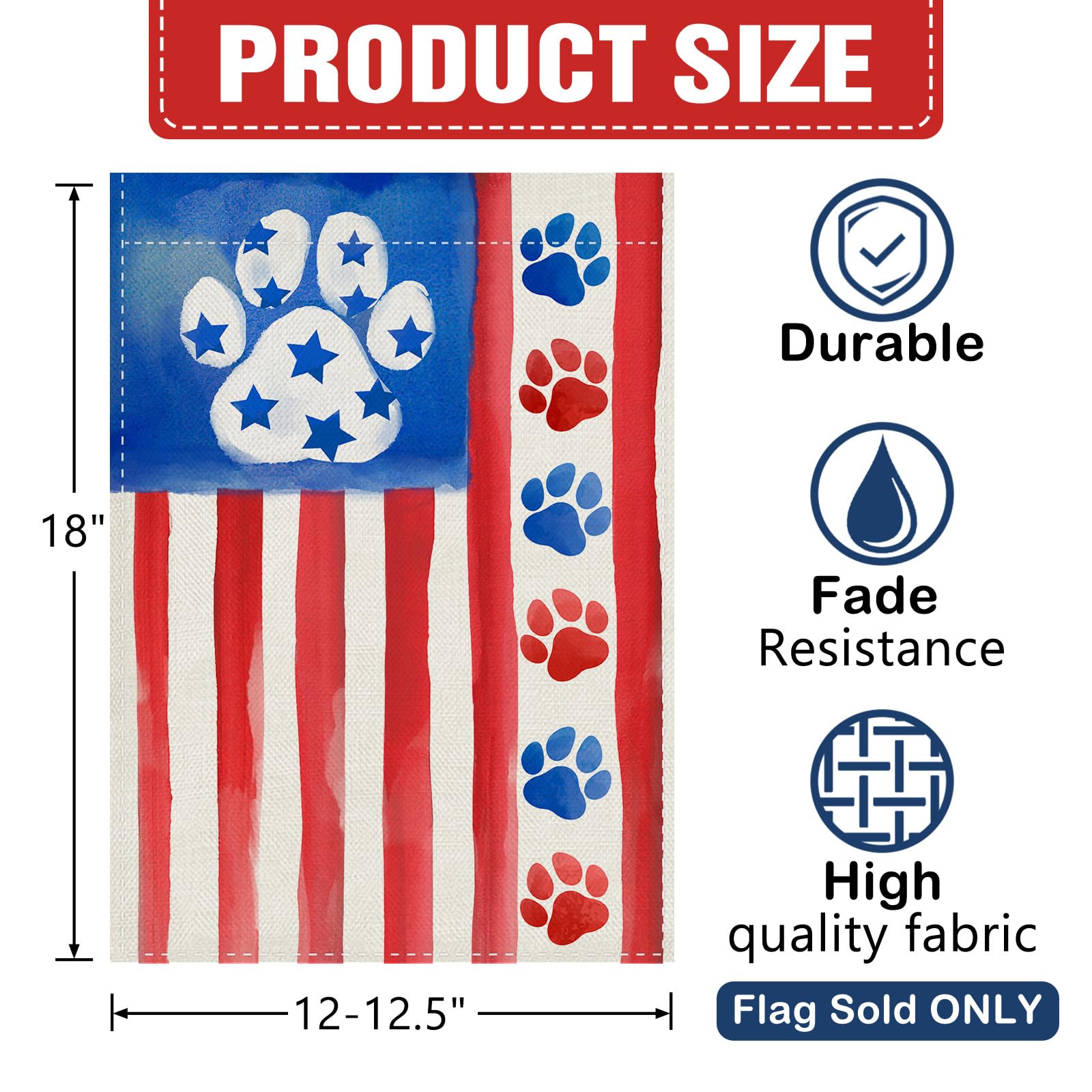 Dyrenson 4th of July Dog Cat Paw Prints Decorative Garden Flag, Patriotic