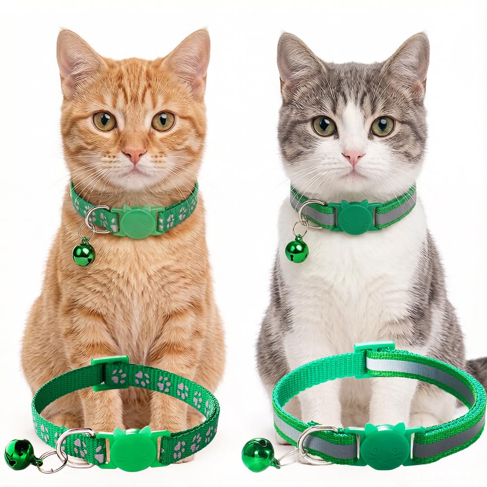Green Breakaway Kitten Collar with Bells, [2 Pack] Break Away Cat Collar with Bells, Reflective Cat Collar for Girl Cats Boy Kitty