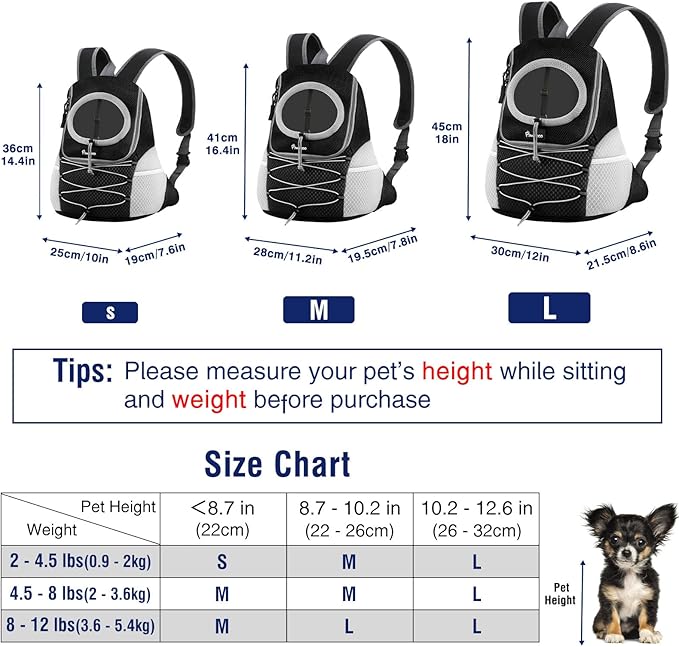 Pawaboo Pet Dog Carrier Backpack, Puppy Dog Travel Front Carrier for Small Medium Dogs Cats, Adjustable Breathable Dog Carrying Backpack with Safety Strips for Hiking, Walking (Black L Up to 14 lbs)