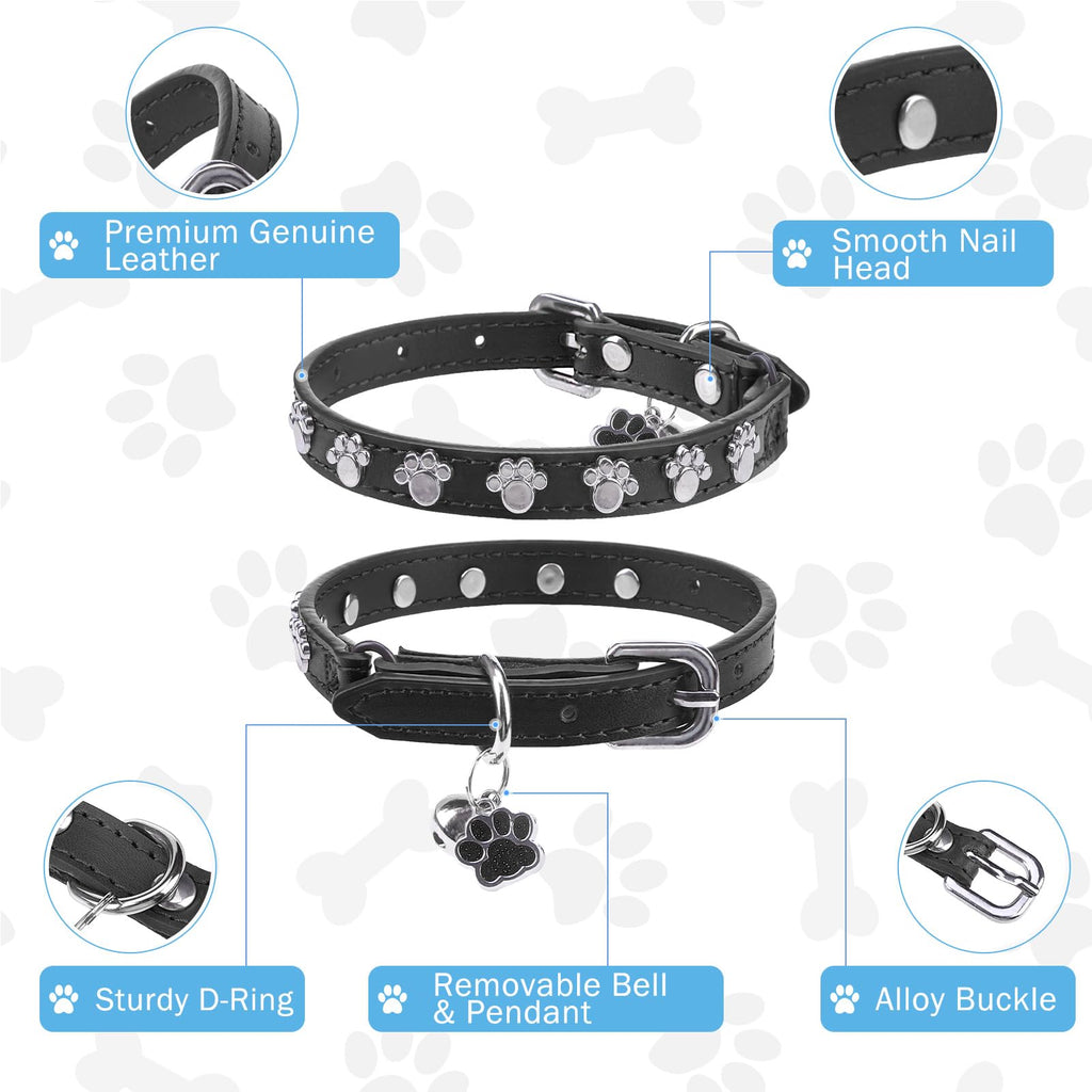 SCENEREAL Leather Cat Collar with Bell and Rivet, Personalized Stud Pet Collars with Safety Elastic Belt and Cute Paw Charm, Adjustable Soft Kitten Puppy Accessories for Boys Girls Cats, Black