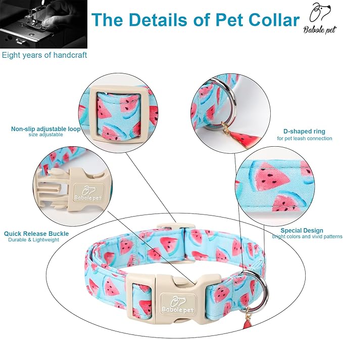 Babole Pet Adjustable Summer Dog Collar, Cute Watermelon Dog Collars for Small Dogs, Lightweight Quick-Release Buckle Collar for Boy&Girl Dogs S