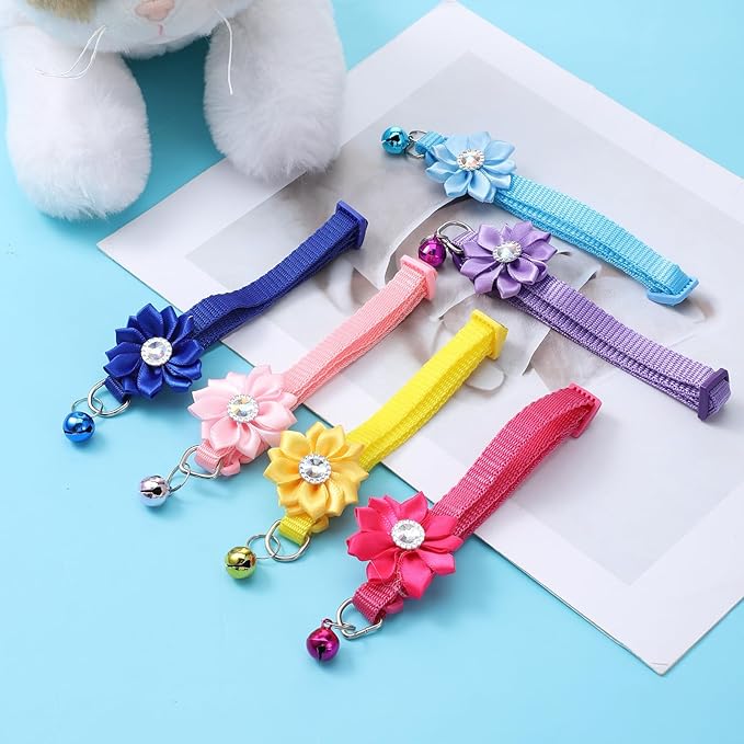 Tweruna 6 PCS Flower Kitten Collar with Bell, Adjustable Cute Cat Collar with Rhinestone for Female, Breakaway Small Kitten Collars, 6 Colors