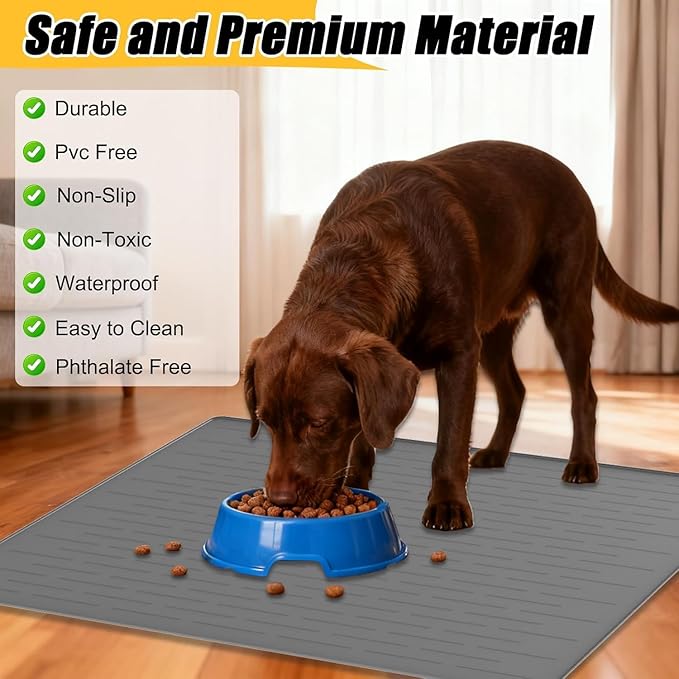51.2"x25.6"(130cm×65cm) Largest Dog Food Mat, XXXXL Silicone Dog and Cat Mat for Food and Water Bowls, Thinken Waterproof Non-Slip XXXL Pet Feeding Mat for Floors, Light Gray