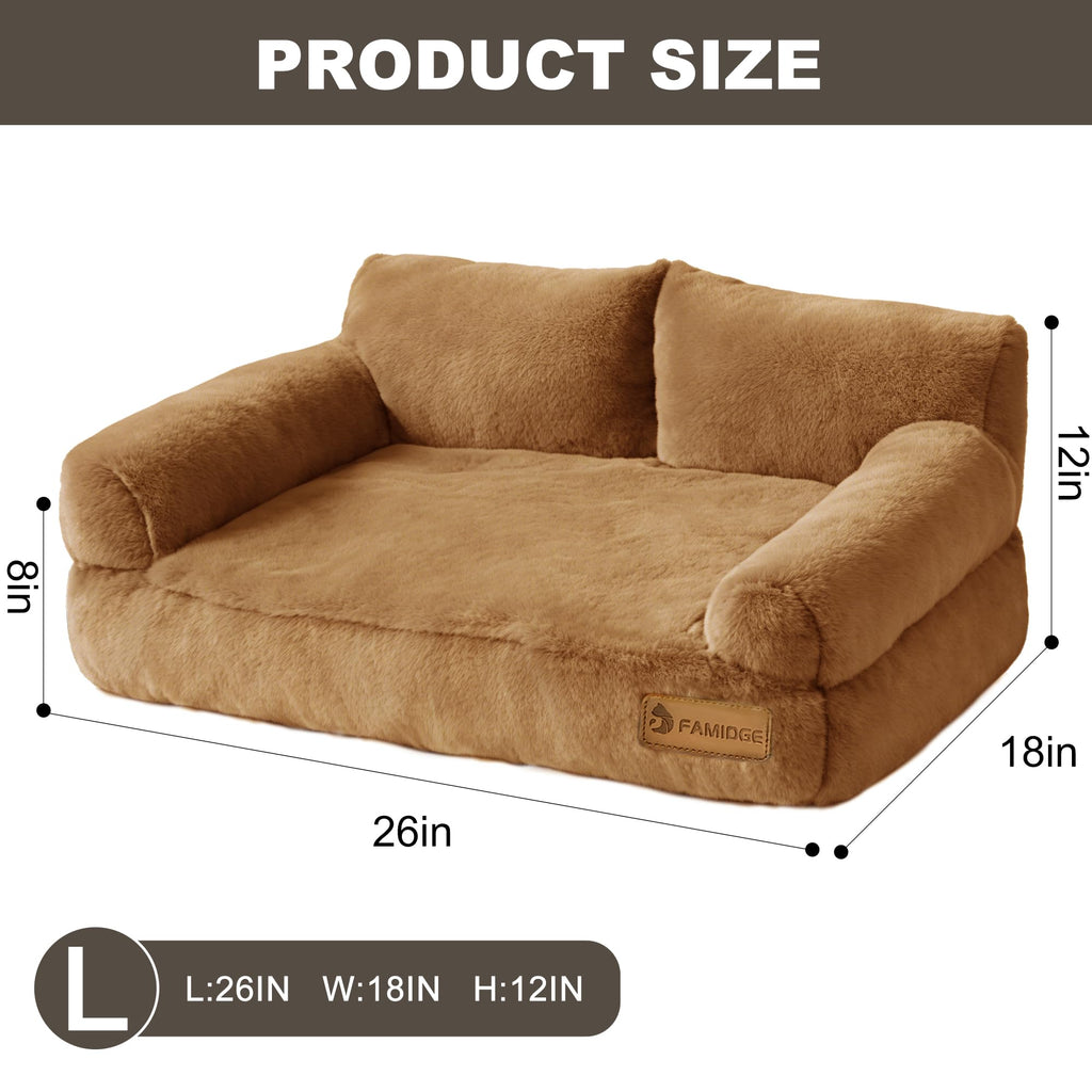 FAMIDGE Plush Cat Couch Bed - Cat Bed for Indoor Cats, Dog Sofa Bed, Short Rabbit Fleece Calming Pet Couch with Removable Cover, Anti-Shedding Pet Sofa for Small/Medium Pets (26×18×12in, Brown)
