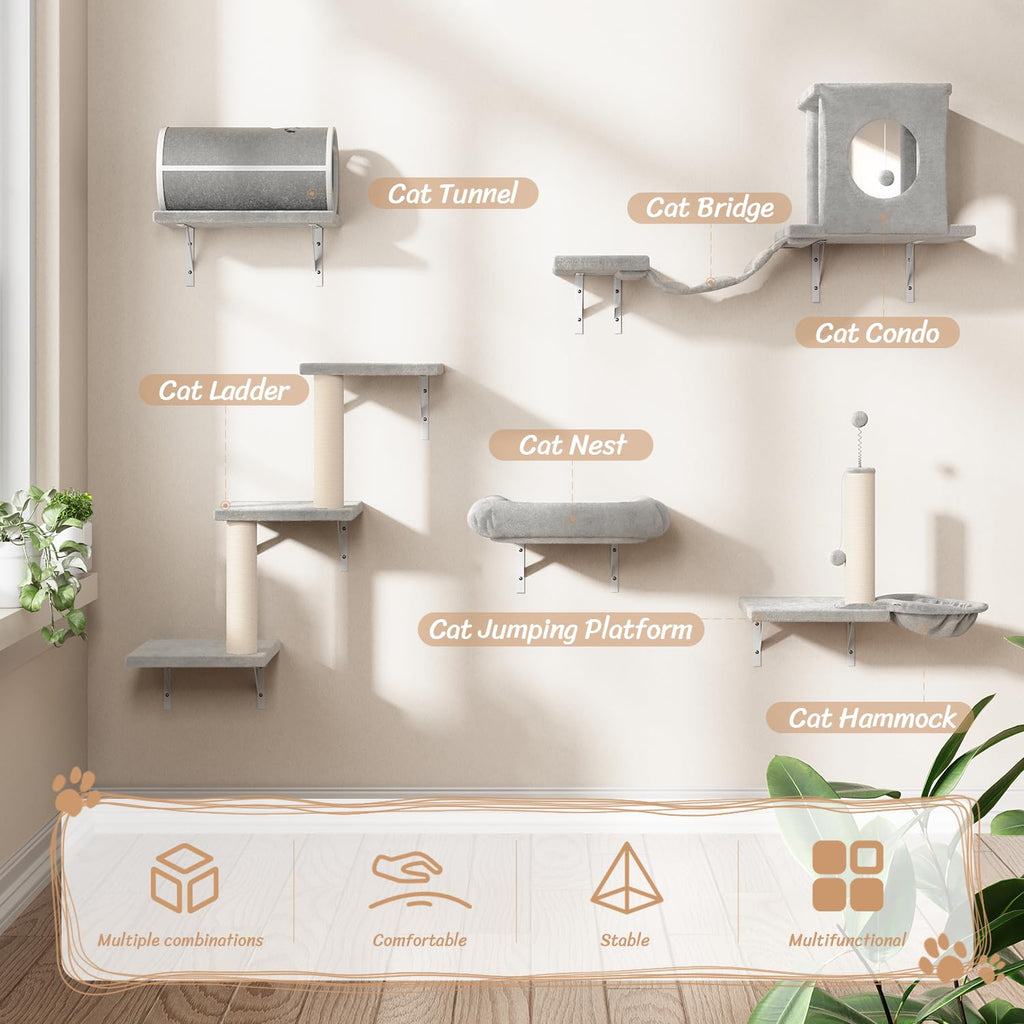 NUNU LAB Cat Wall Shelves, 7 Pcs Wall-Mounted Cat Climber Set, Gray