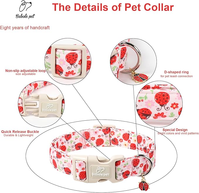 Babole Pet Lucky Ladybug Dog Collar for Puppy Small Dogs - Sweet Pink Girl Dog Collars, Lightweight Adjustable Spring Garden Mom Dogs Collars with Quick Release Buckle XS