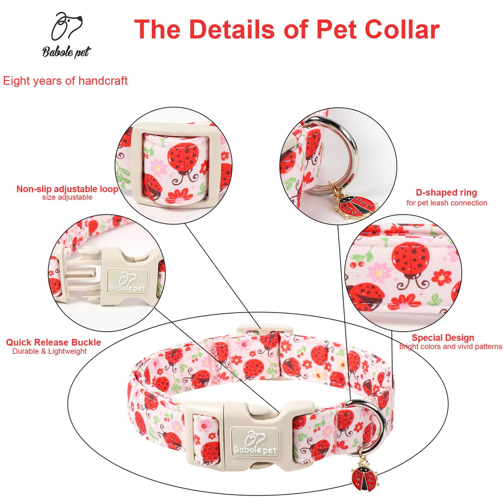 Babole Pet Lucky Ladybug Dog Collar for Puppy Small Dogs - Sweet Pink Girl Dog Collars, Lightweight Adjustable Spring Garden Mom Dogs Collars with Quick Release Buckle XS