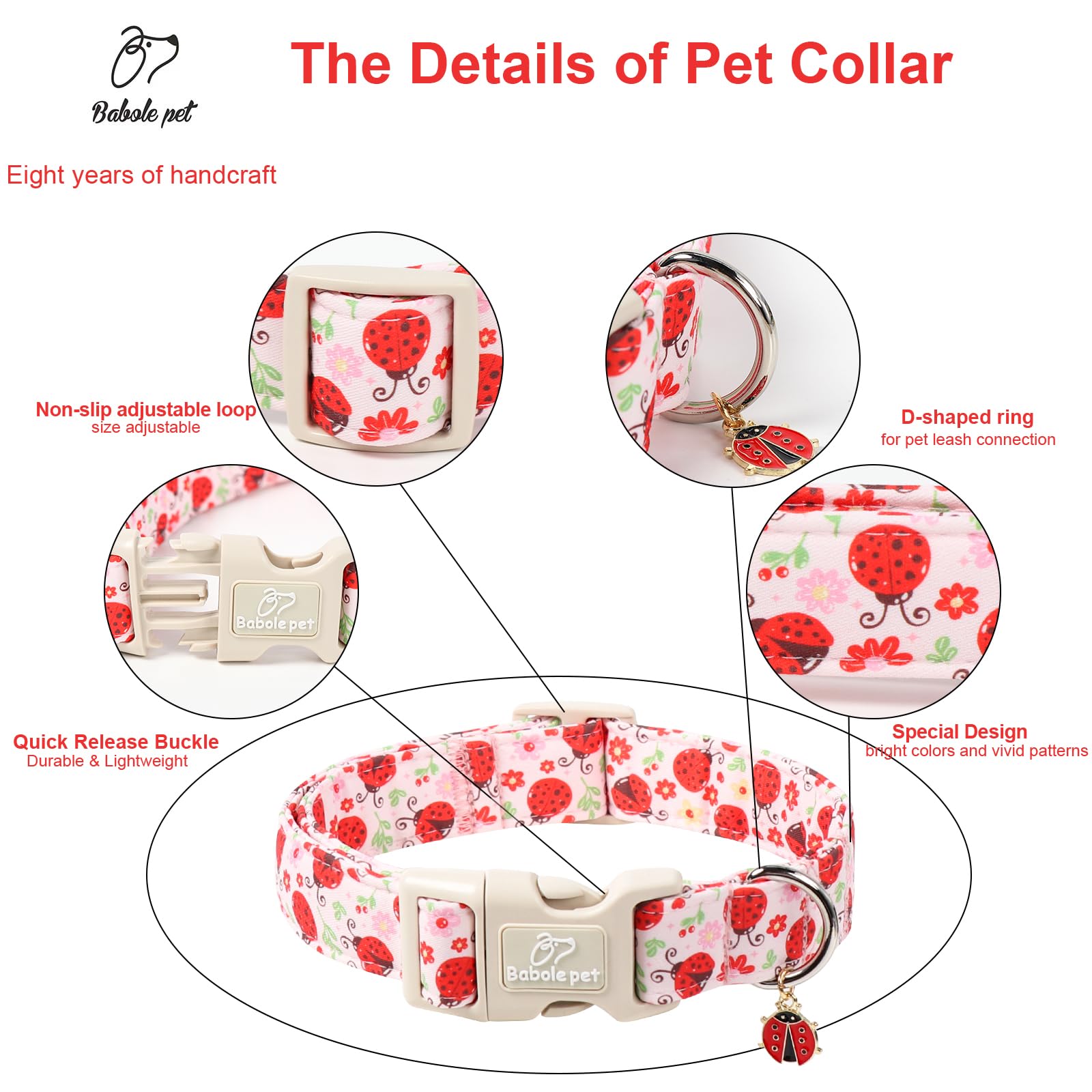 Babole Pet Lucky Ladybug Dog Collar for Puppy Small Dogs - Sweet Pink Girl Dog Collars, Lightweight Adjustable Spring Garden Mom Dogs Collars with Quick Release Buckle XS