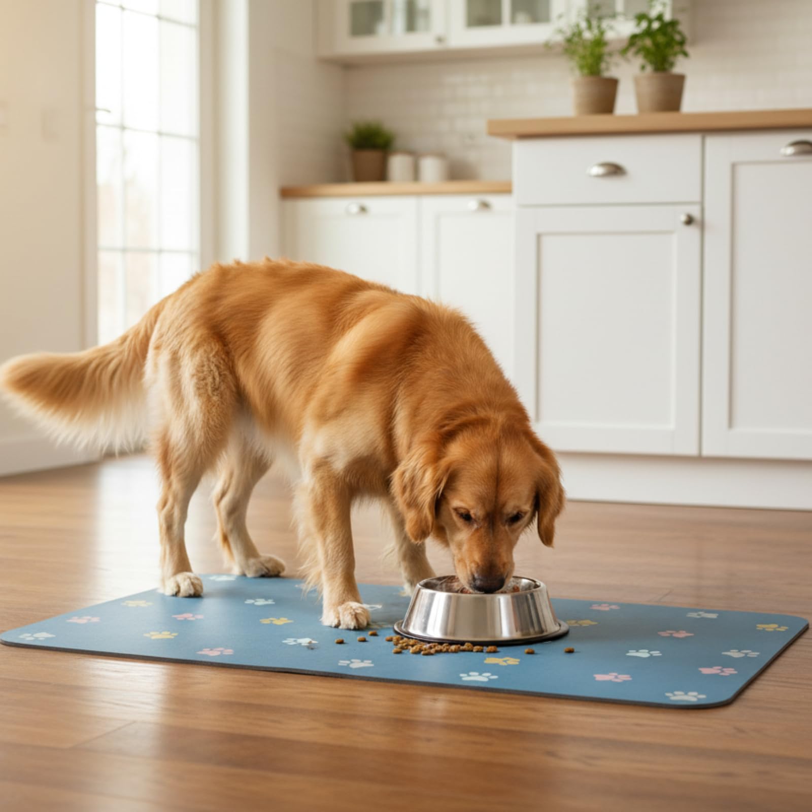 Yetstock Pet Feeding Mat Absorbent Dog Mat for Food and Water Non Slip Quick Dry Dog Bowl Mats for Floors 27" X 17" Paw Lake Blue