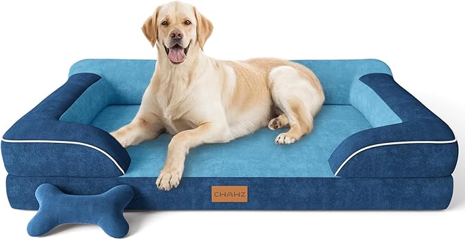 CWAWZ Extra Large Dog Bed, Orthopedic Dog Beds with Cooling Gel Memory Foam, Waterproof XL Pet Bed with Removable Washable Cover, 42" Pet Sofa Couch Dutch Velvet with Bone Toy