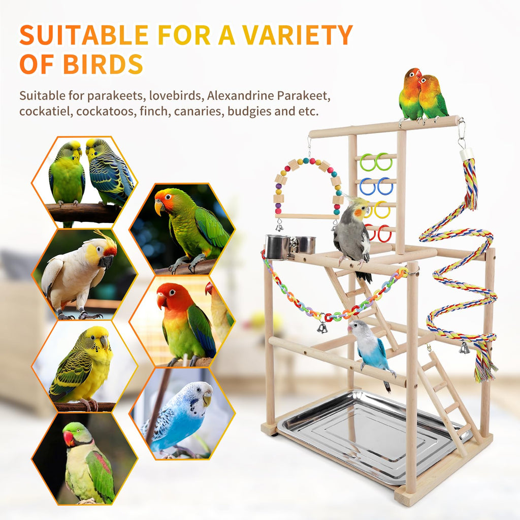 HPAWHOMEPART Bird Playground, Parrots Playstand for Small to Medium Birds, Perch Stand with 3 Ladders Playgym with Rope Perch, Swings Feeder Cups Bird Cage Accessories for Conure Cockatiel Lovebirds