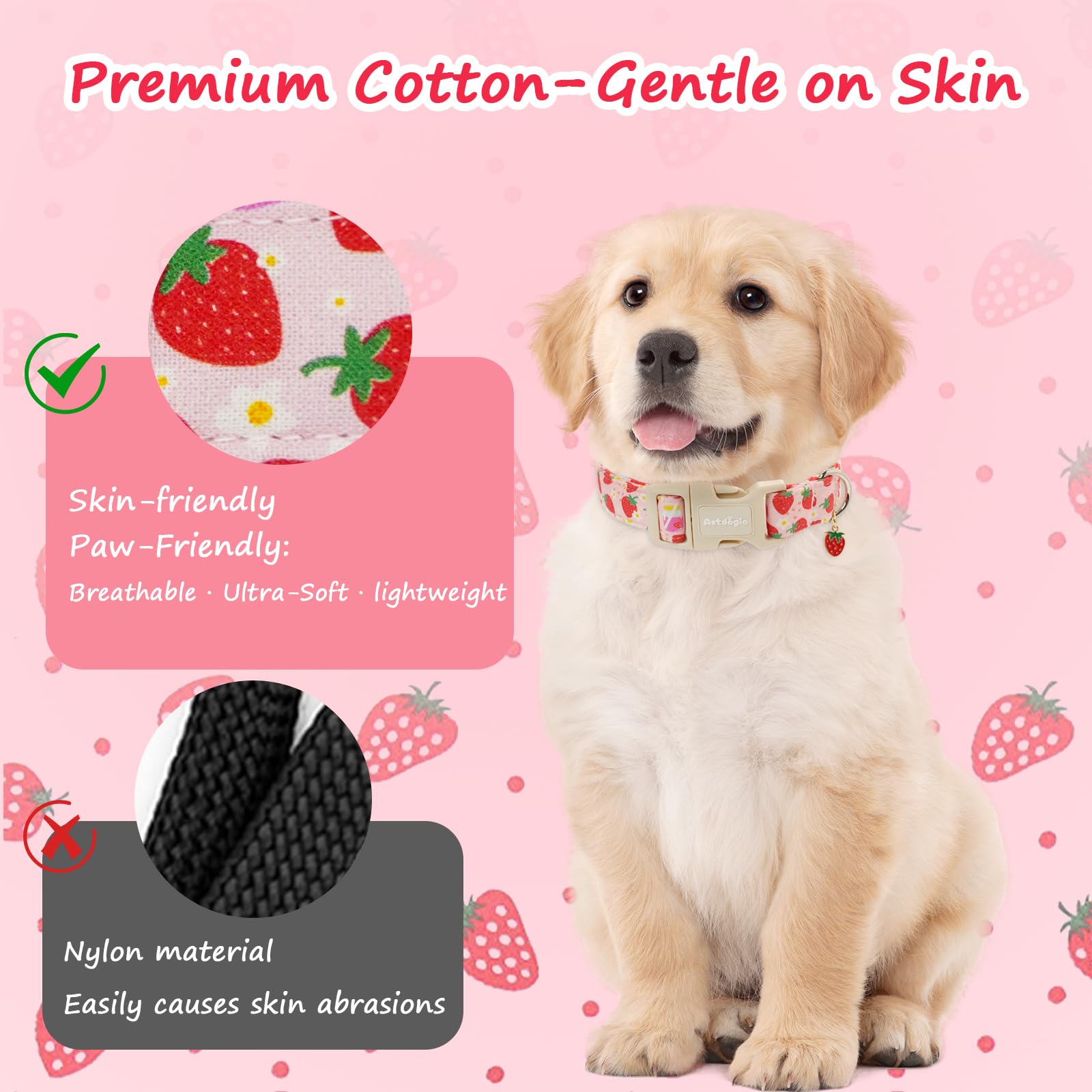 Astdogio Pink Dog Collar for Medium Dogs, Adjustable Strawberry Dog Collar with Quick Release Buckle, Cute Puppy Collar for Girl or Boy Dogs, M