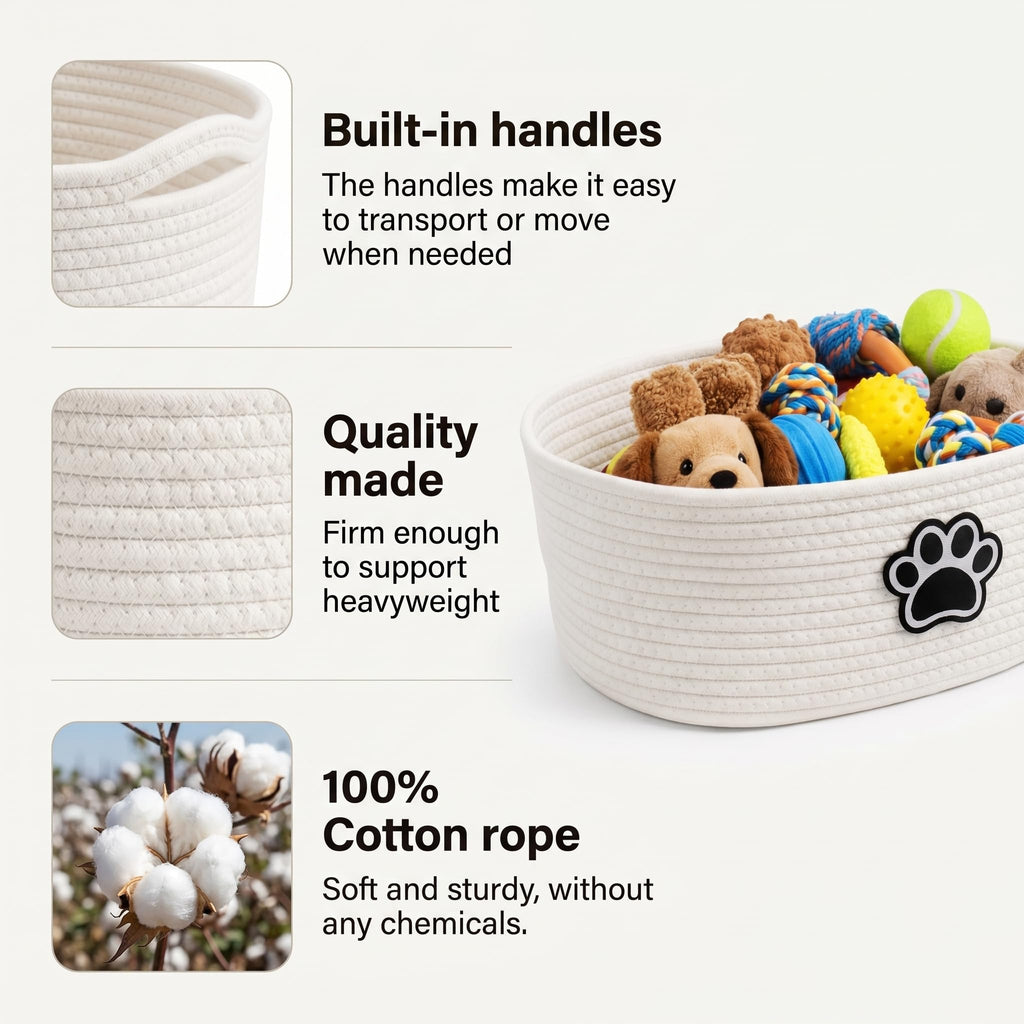 Woven Basket,Dog Toys Basket with Handle,Cute Cotton Gift Baskets Empty for Puppy Leash,Blanket Food, Accessories Pet and Household Storing