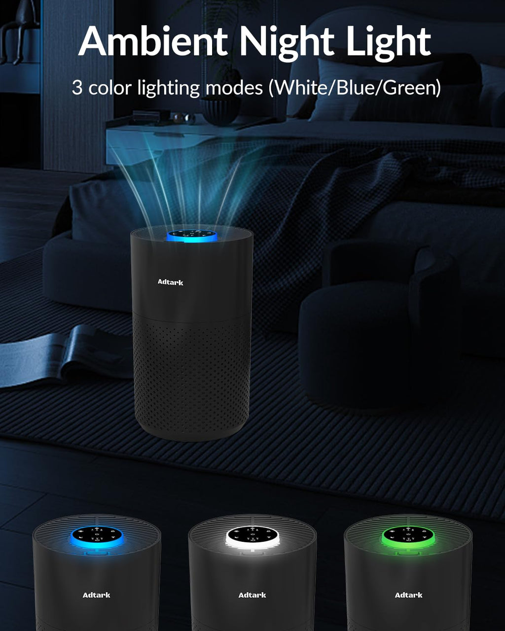 Air Purifiers for Home Bedroom, ADTARK Air Cleaner with 3-in-1 Filter, Sleep Mode & Aroma Function, 3 Light Modes, Room Air Purifier with 3 Timer for Office, Dorm, Hotel (Black)