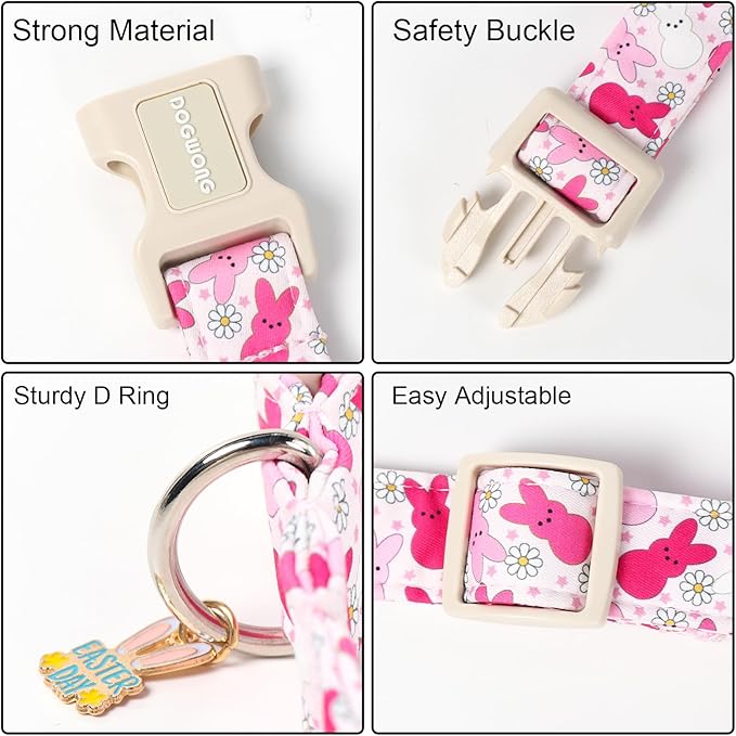 DOGWONG Easter Dog Collar, Cute Easter Pink Bunny Pet Collar Durable Holiday Girl Boy Adjustable Cotton Dog Collars for Small Medium Dogs,M Visit The Elegant Little Tail Store