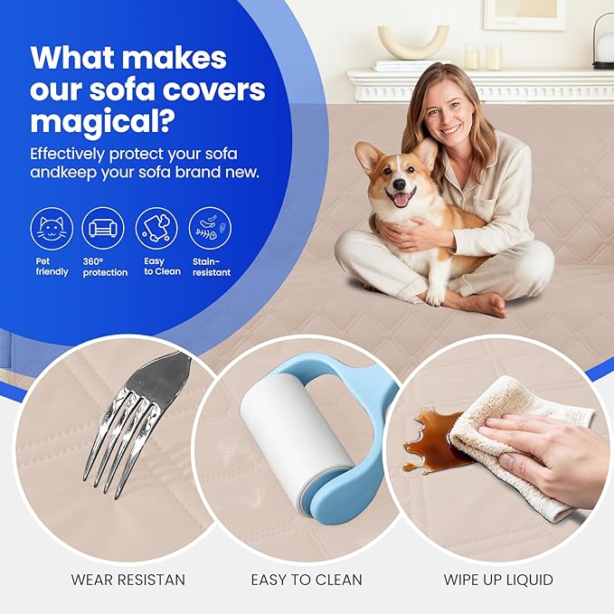 Waterproof Dog Blanket, Non-Slip Soft Pet Bed Cover, Couch Cover for Dogs Washable, Protects Sofa, Furniture, Crate, Car, Tear Resistant Leakproof Pet Blanket (52x82 Inch, Beige)