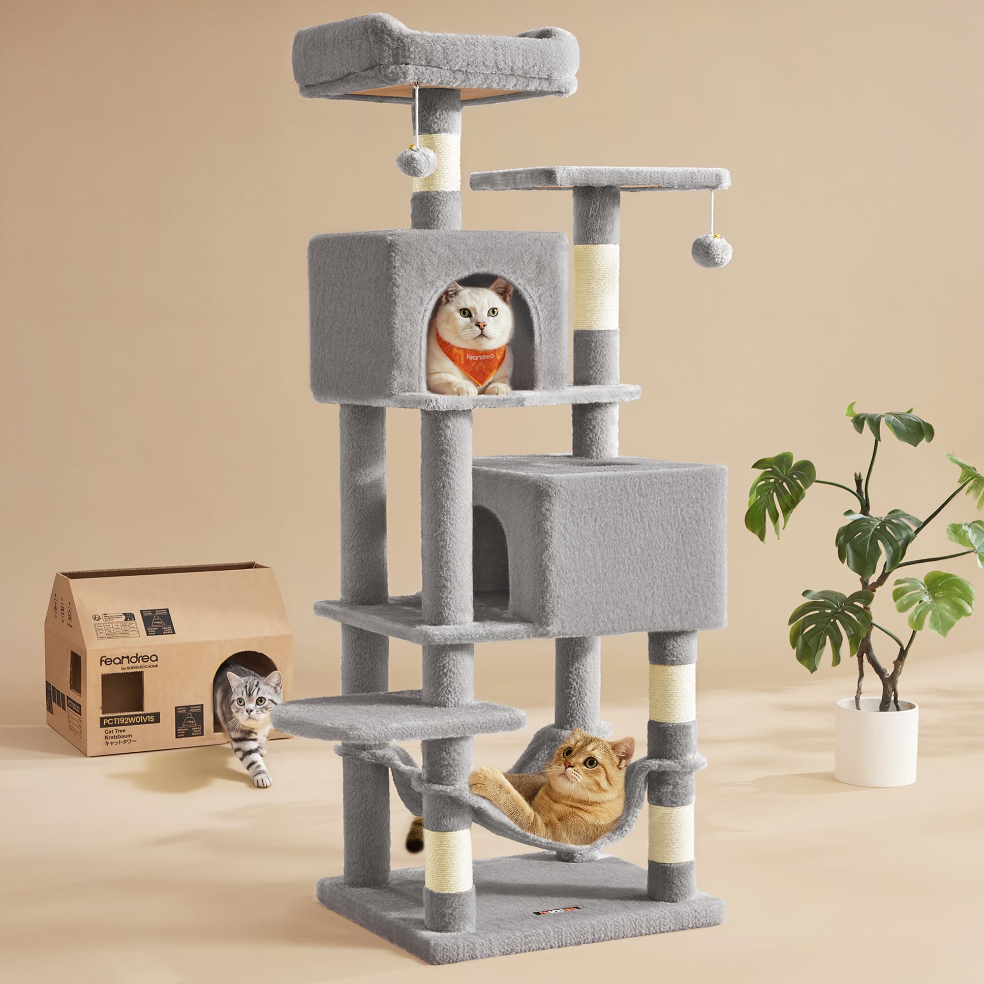 Feandrea Cat Tree, 59.5-Inch Tall Cat Tower, Plush Multi-Level Condo with 5 Scratching Posts, 2 Perches, 2 Caves, Hammock, 2 Pompoms, Light Gray UPCT192W01